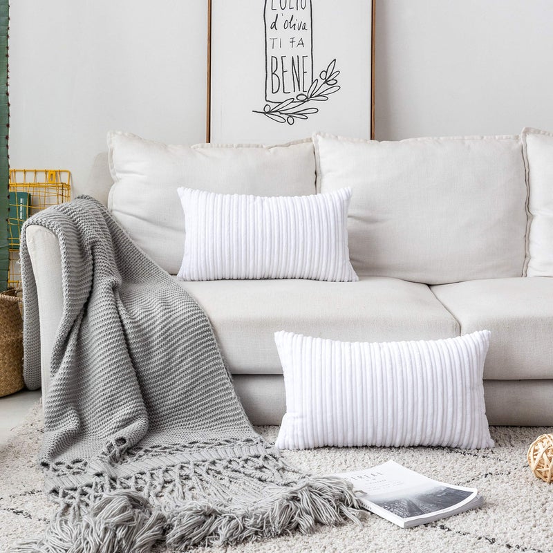 UGS UGASA UGASA Velvet Pillow Covers Striped, Decorative Throw Cushion Case with Hidden Zipper for Home Couch/Bedroom/Car, Soft Cozy Solid Oblong, 1 Piece (12"x20", Pure White) - Image 2